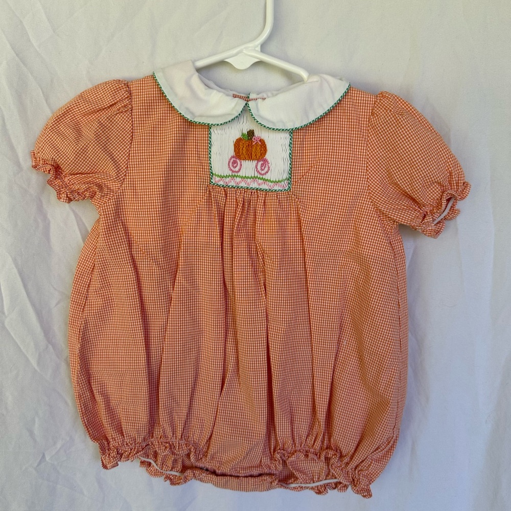 Petit Ami Orange Gingham Pumpkin Smocked Bubble Top
